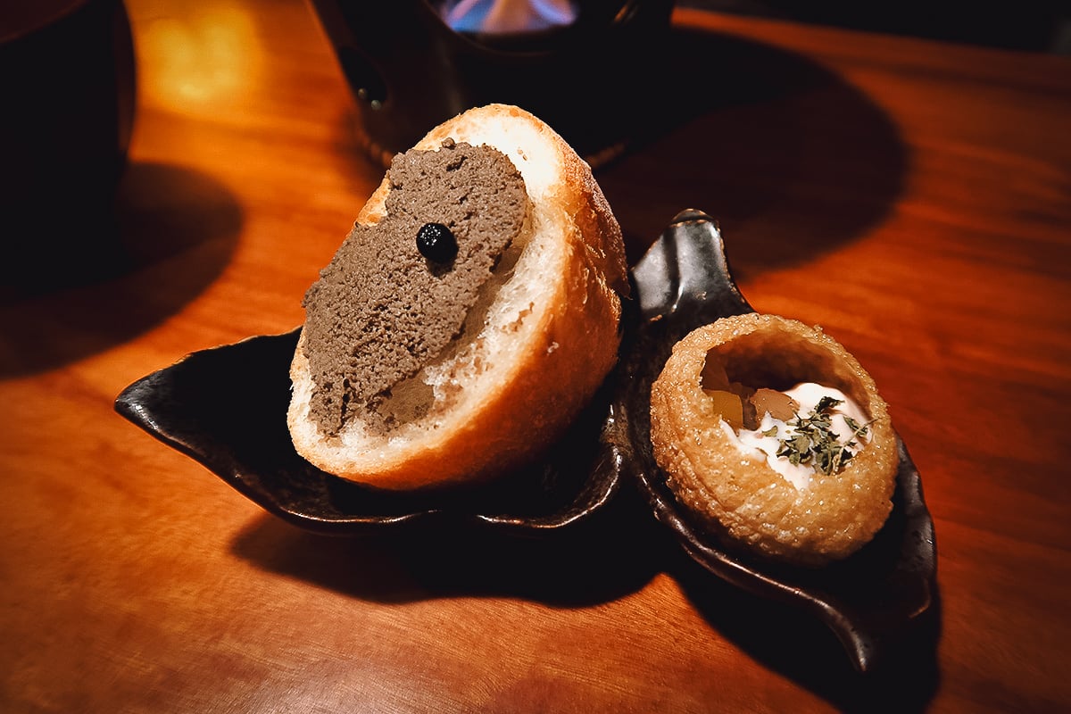 Veganic Monkey Magic Pate with Cambodian black pepper and pani puri with yogurt