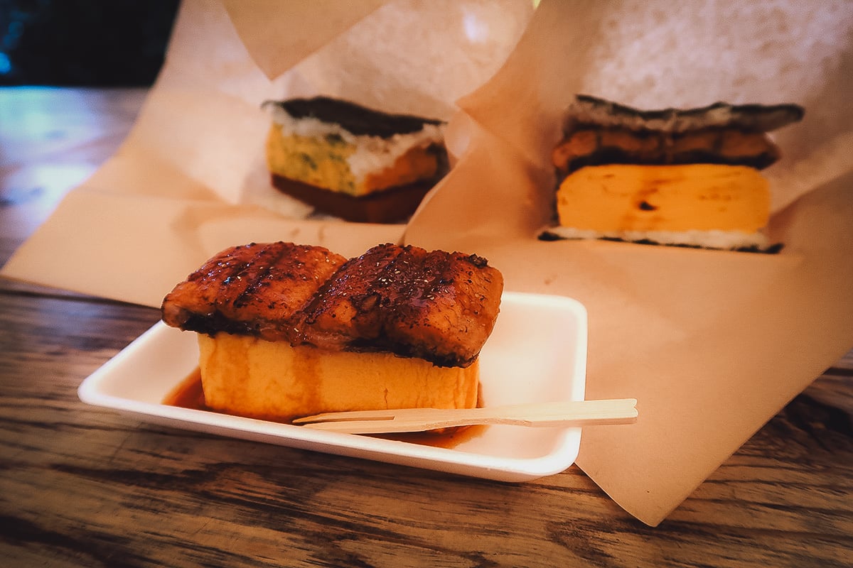 Where to Eat in Okinawa, Japan Trio of Spam onigiri at a restaurant in Okinawa