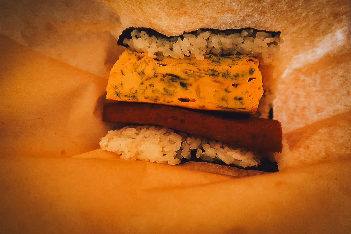 Where to Eat in Okinawa, Japan Spam onigiri at a restaurant in Okinawa
