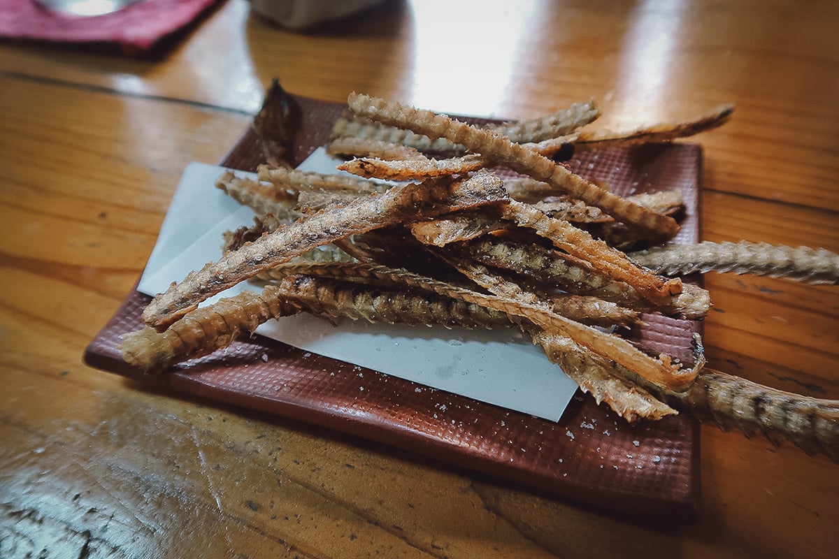 Where to Eat in Okinawa, Japan Fried eel bones at a restaurant in northern Okinawa