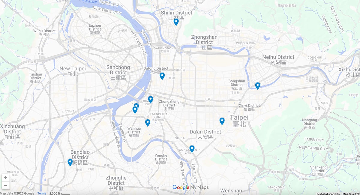 Taipei Night Markets Map with pins