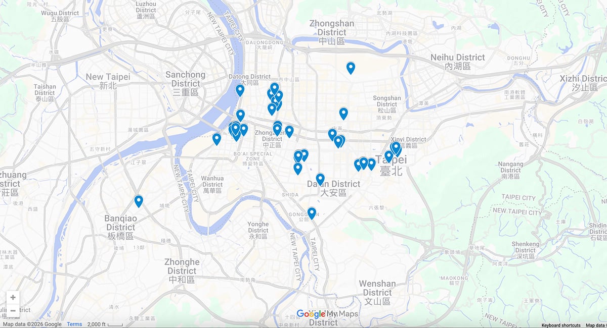 Taipei Restaurants Map with pins