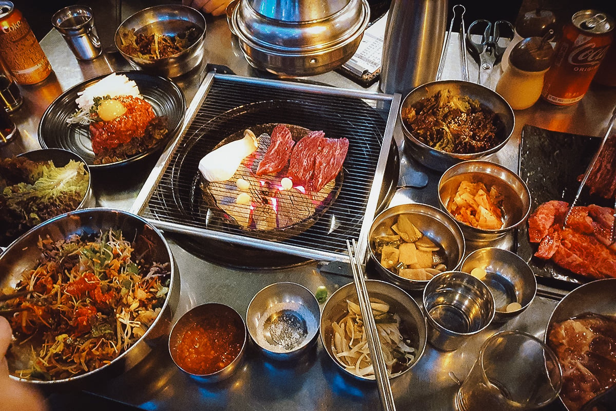 Sinchon and Hongdae Food Guide Korean barbecue with side dishes